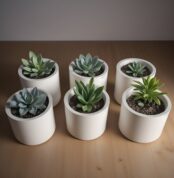 Round FRP planters holding six off white pots with succulents inside.