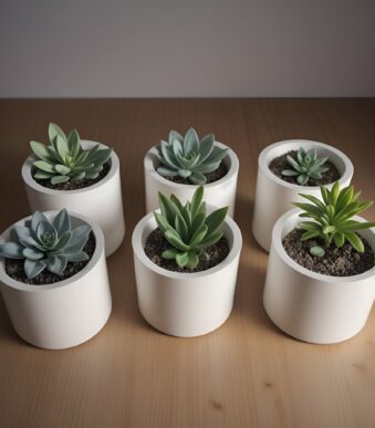 Round FRP planters holding six off white pots with succulents inside.