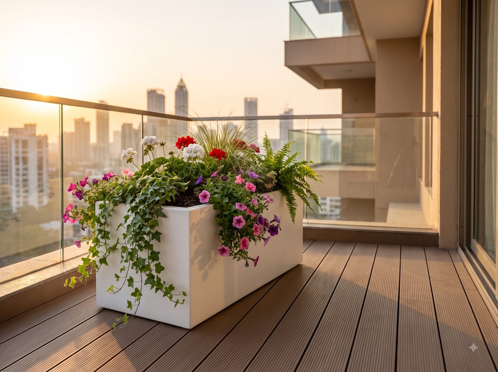 24 inch rectangular planter with flowers on balcony deck