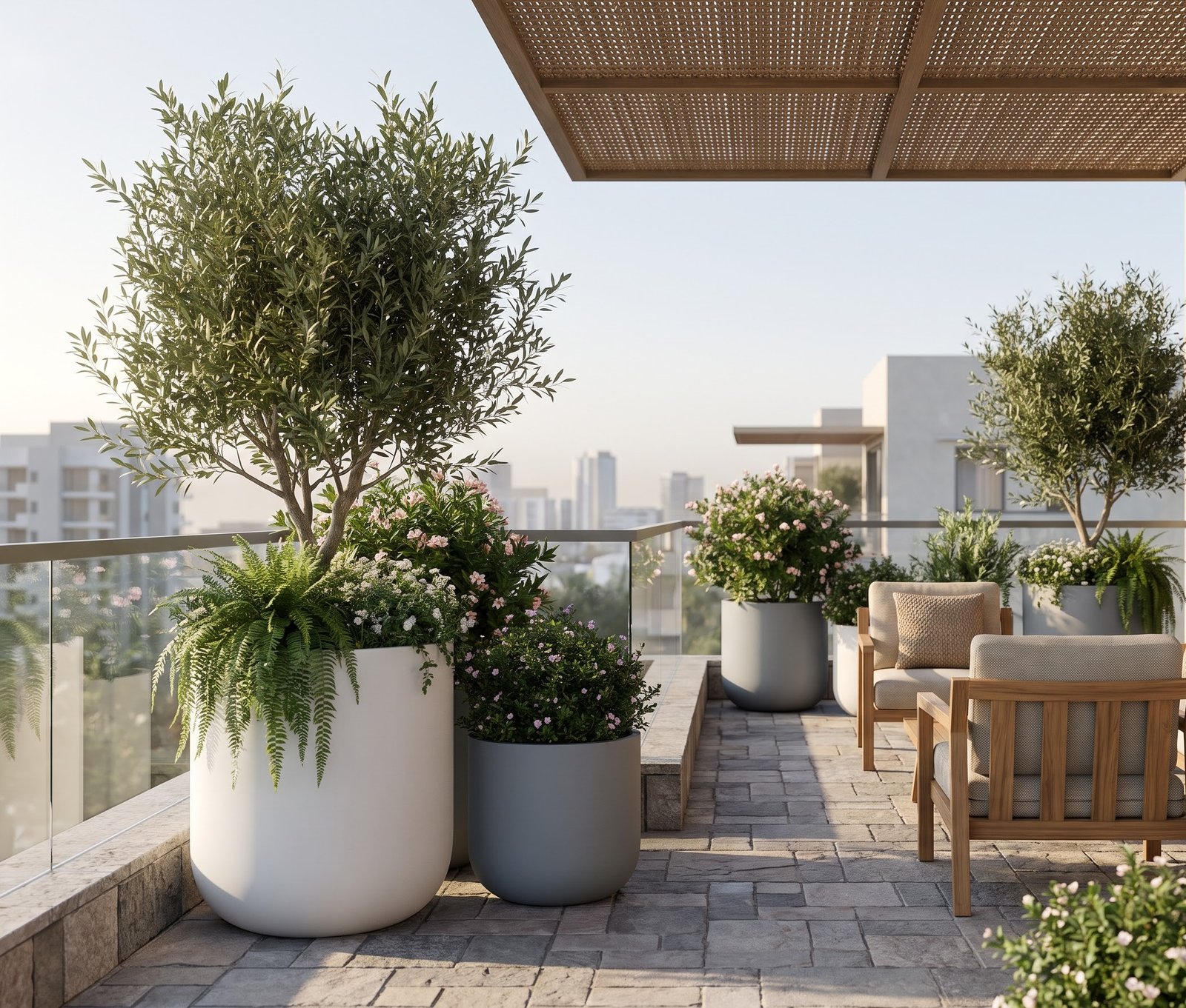 Lush greenery in round white FRP planters on a sunny balcony