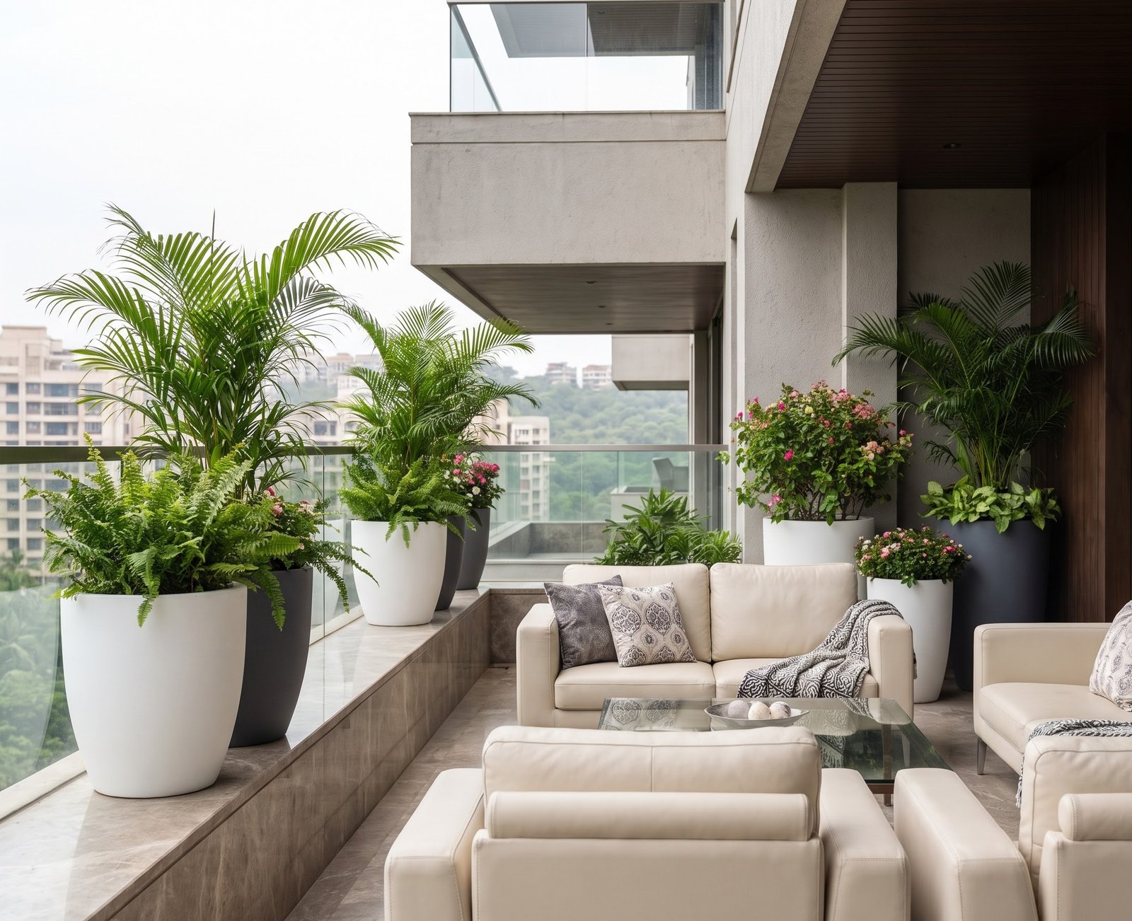 Luxurious balcony setup with comfortable seating and tall fiberglass planters