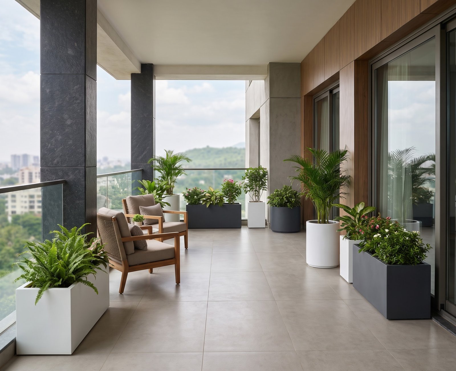 Balcony seating area flanked by modern rectangular privacy planters