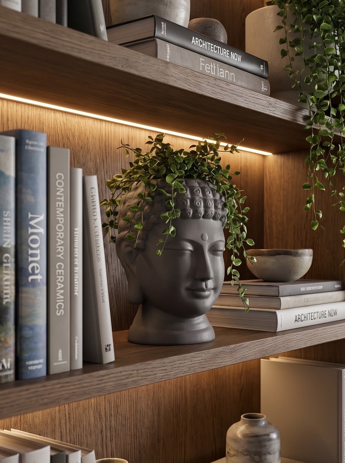 Bookshelf with Buddha Head Planter