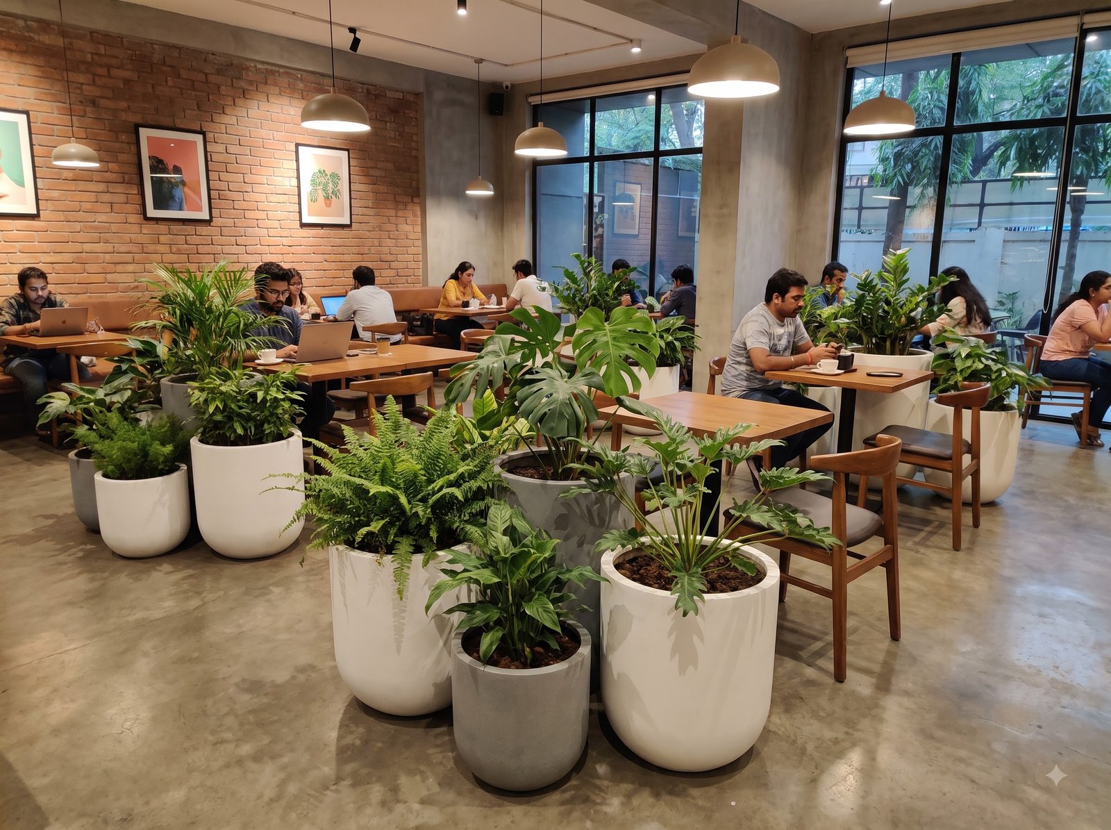 Luxury cafe interior featuring lush greenery and modern FRP planters