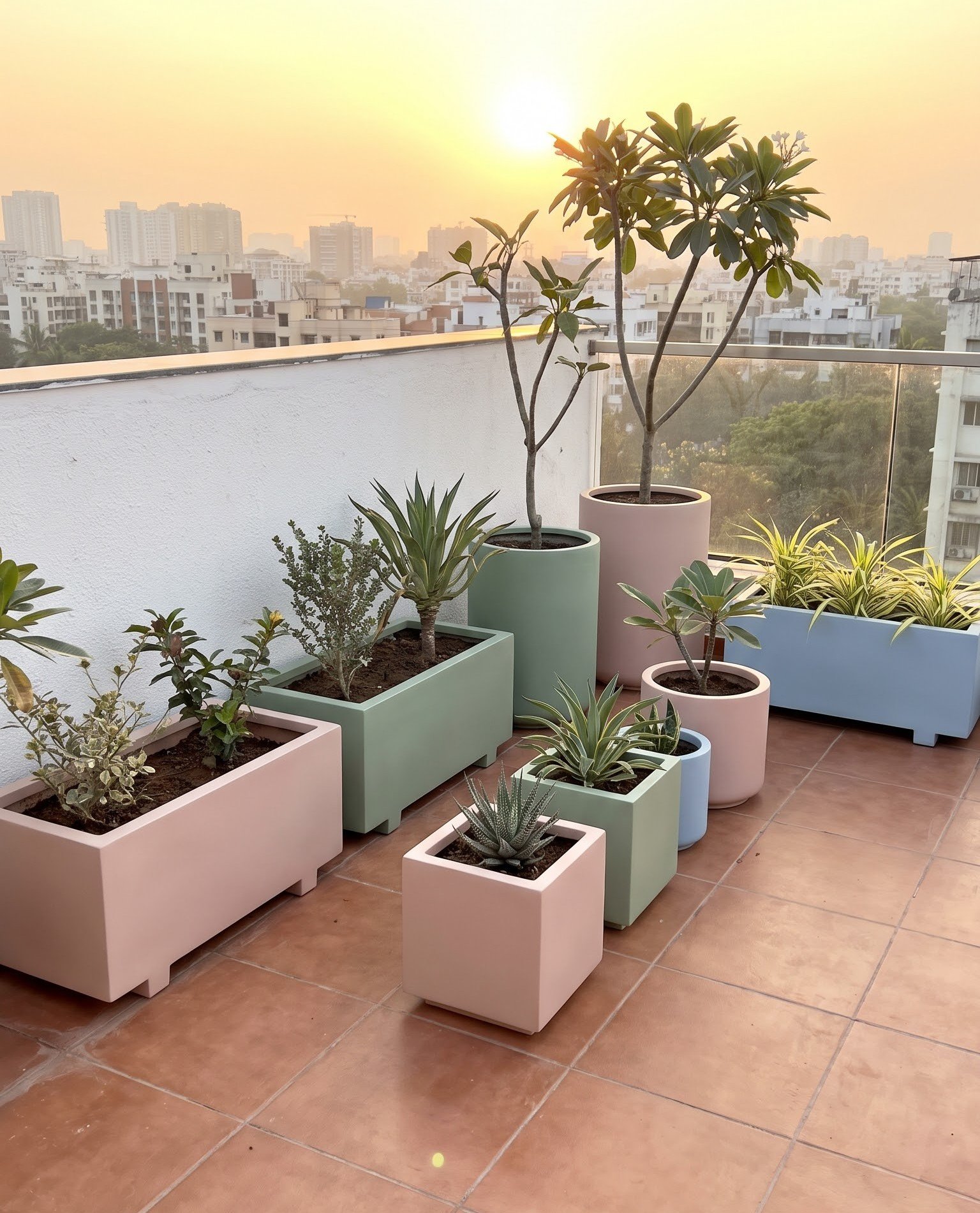 Assorted pastel and matte green FRP planters grouped aesthetically on a terrace at sunset