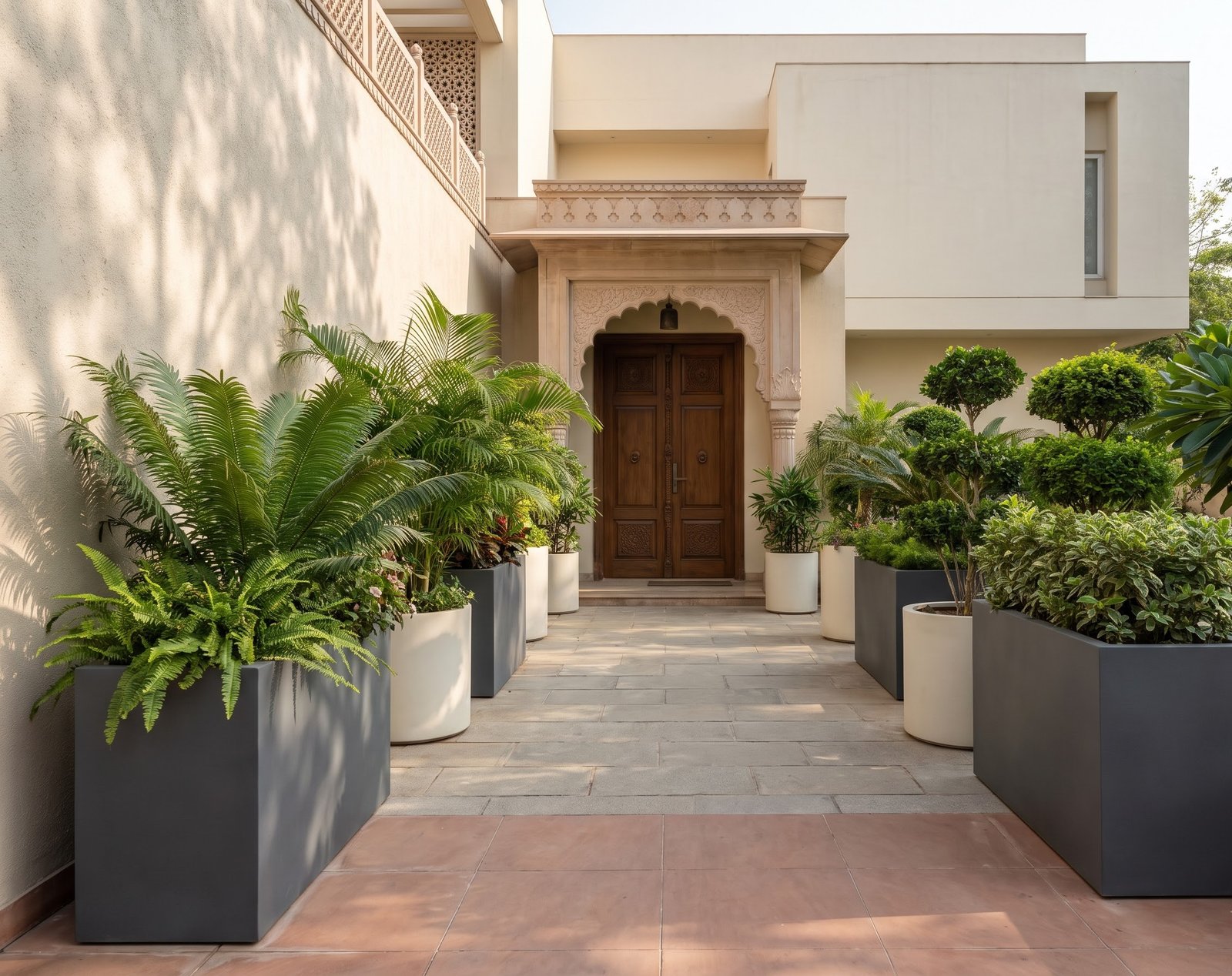 Grand traditional home entrance styled with large grey home entrance planters