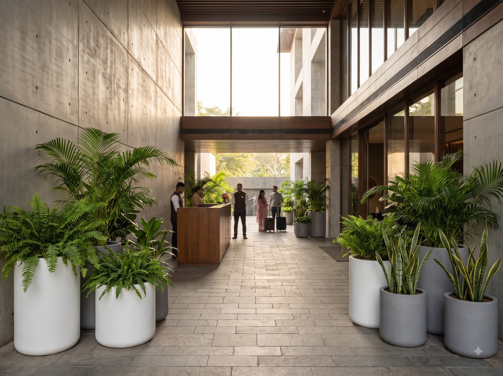Luxury hotel entrance lobby featuring grand architectural planters
