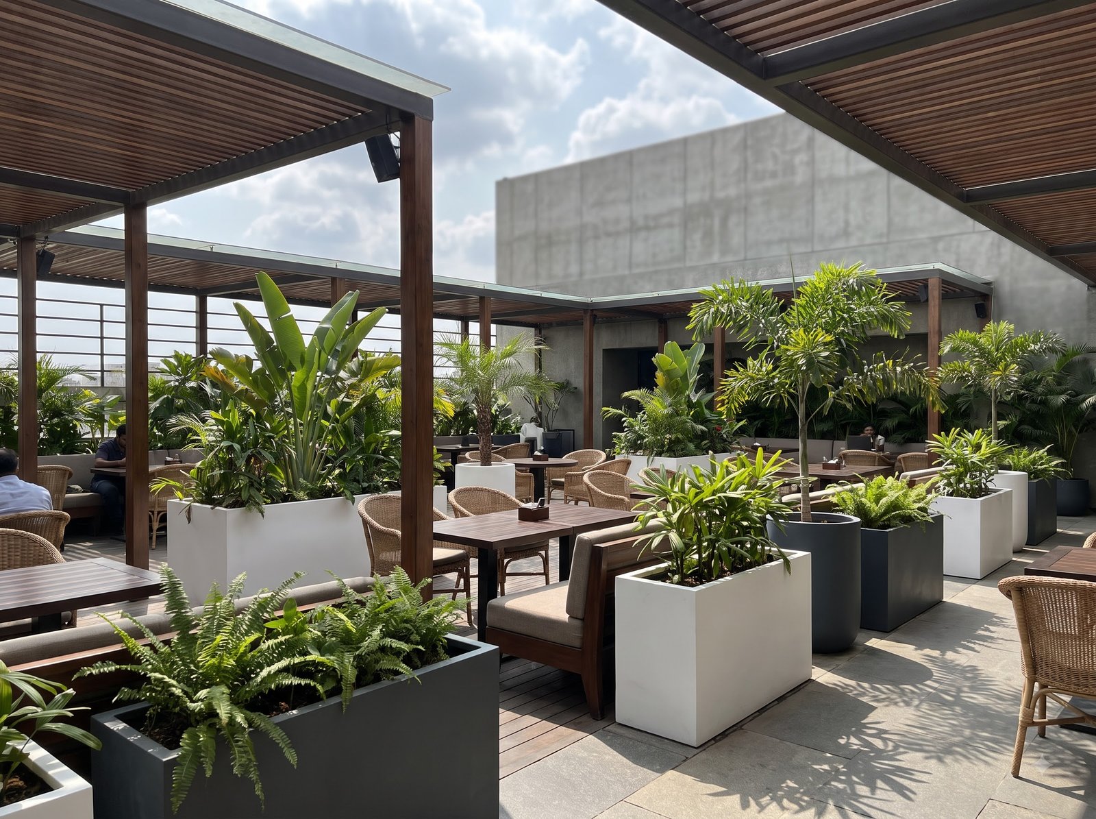 Hotel outdoor seating with planters