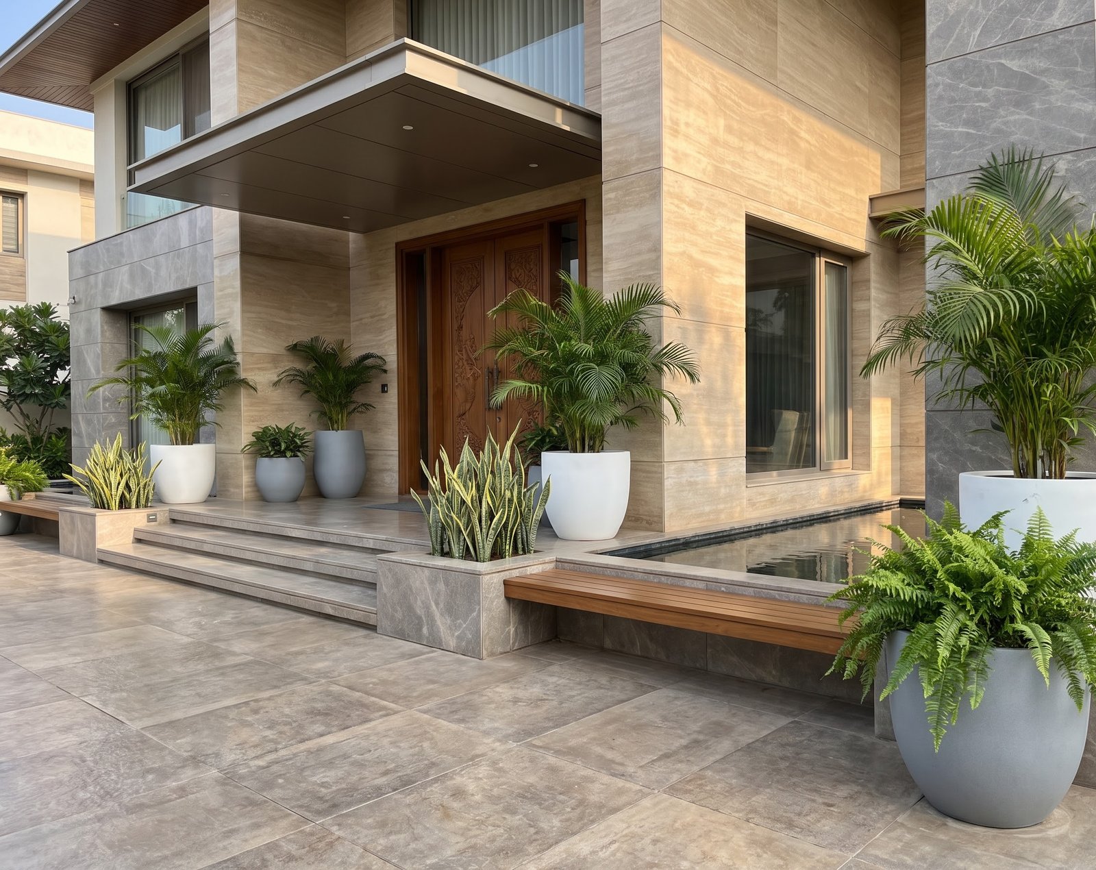 Symmetrical home entrance planters near a water feature