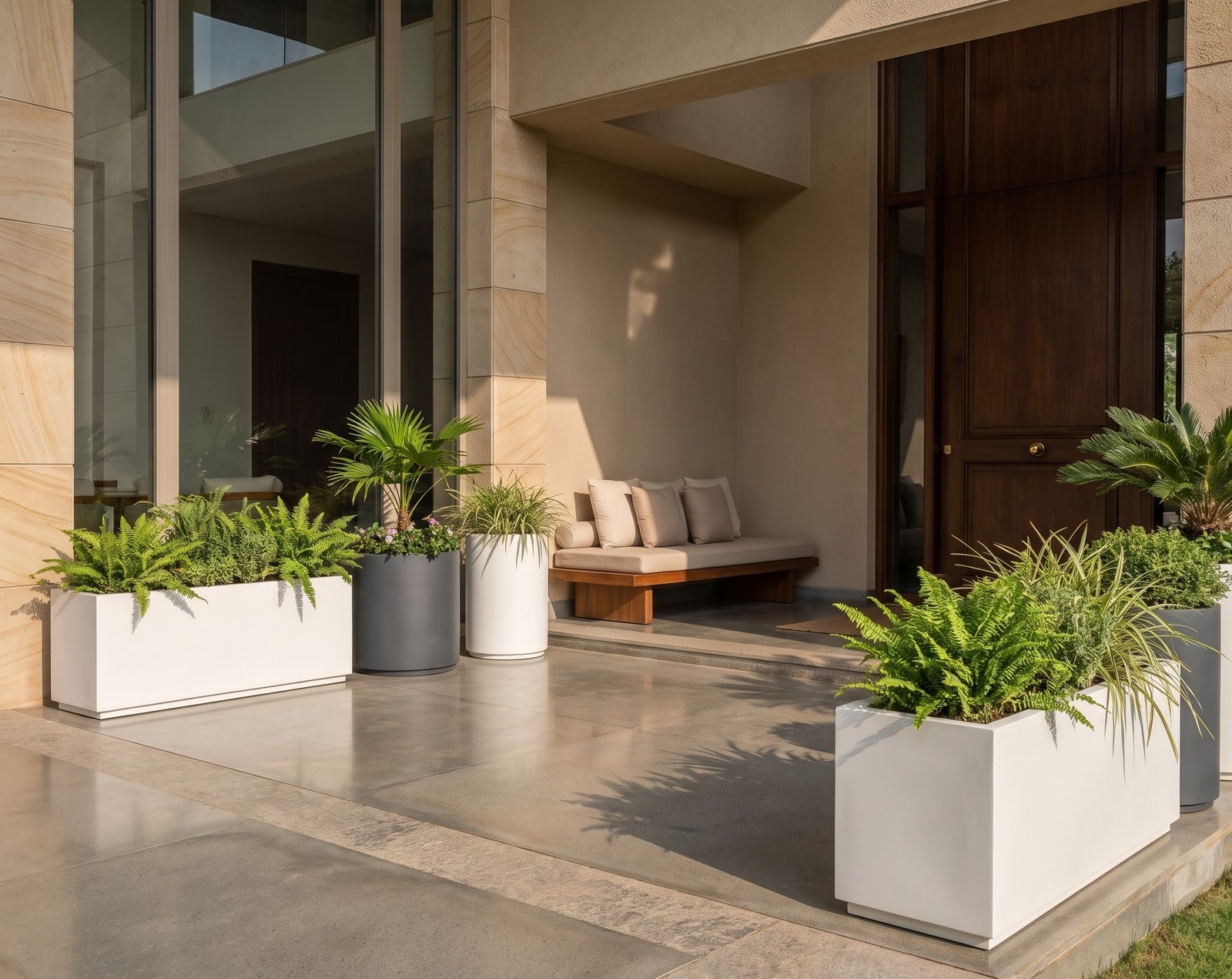 Luxury villa entrance with low rectangular home entrance planters