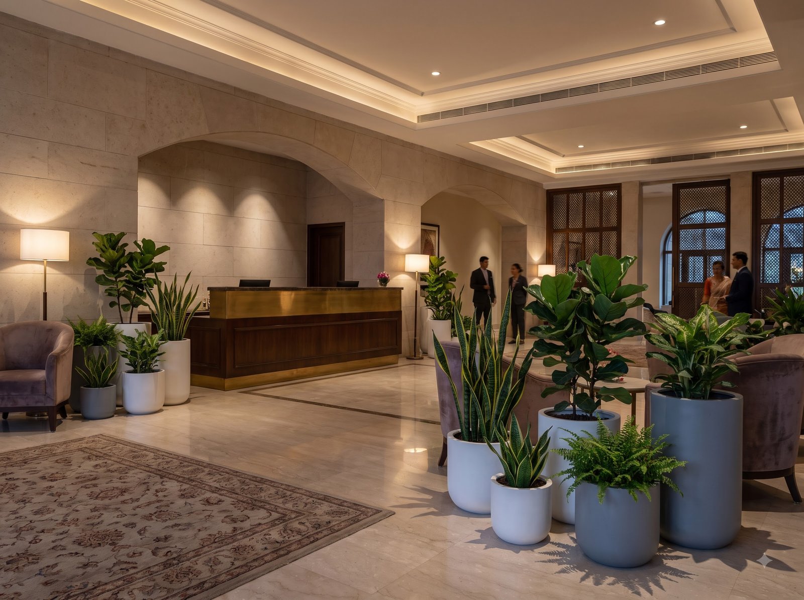 Luxury hotel lobby with planters