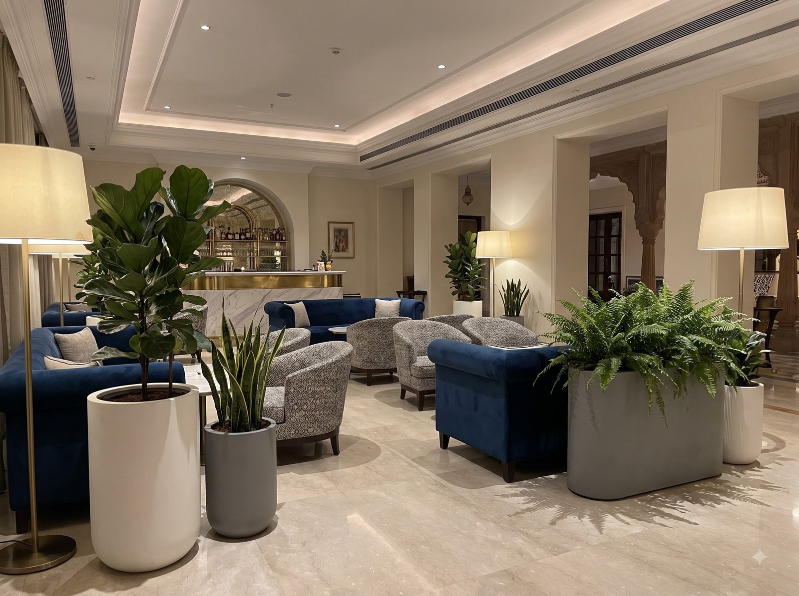 Luxury hotel lounge with planters