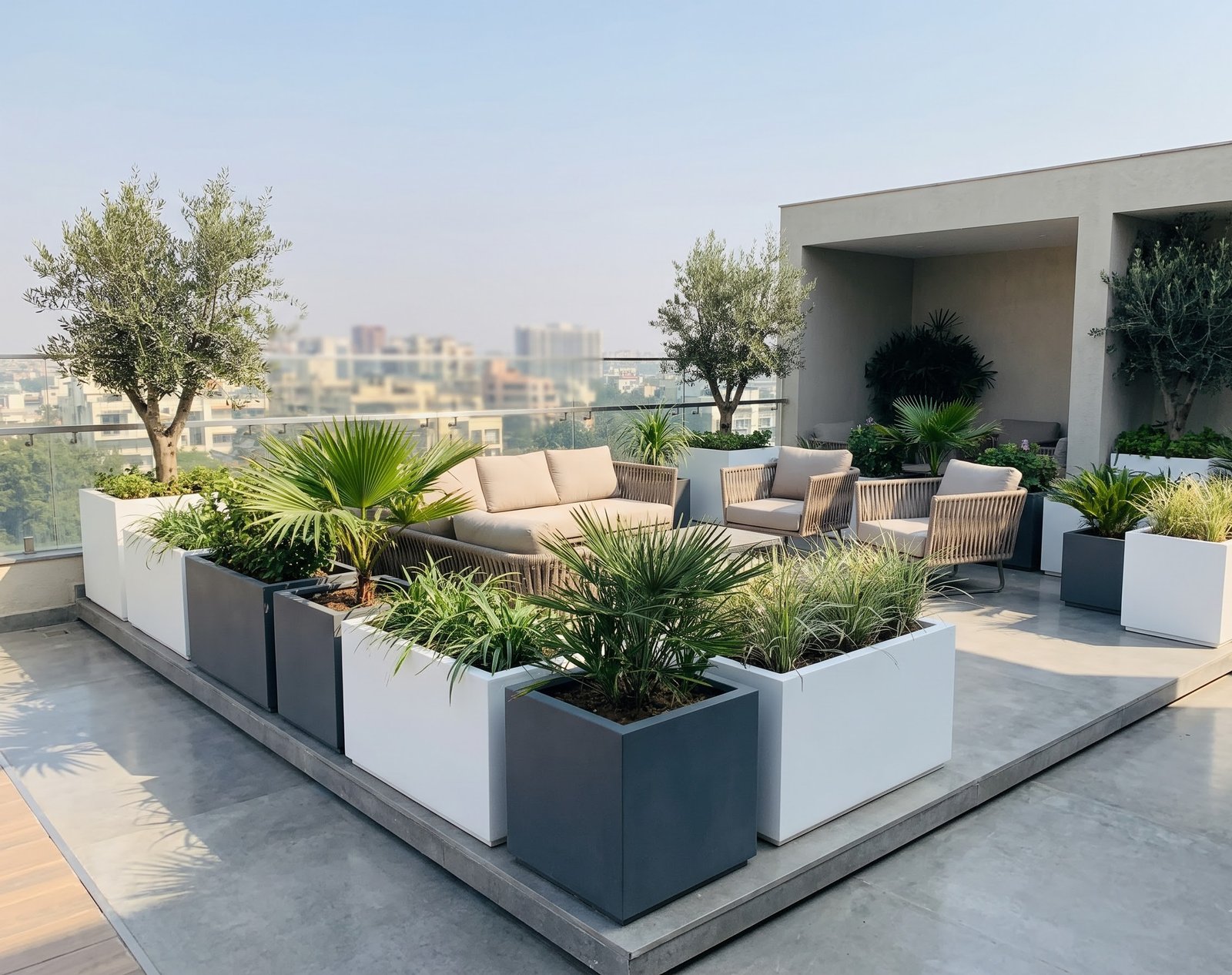 Luxury rooftop garden with large square and rectangular Zardens planters