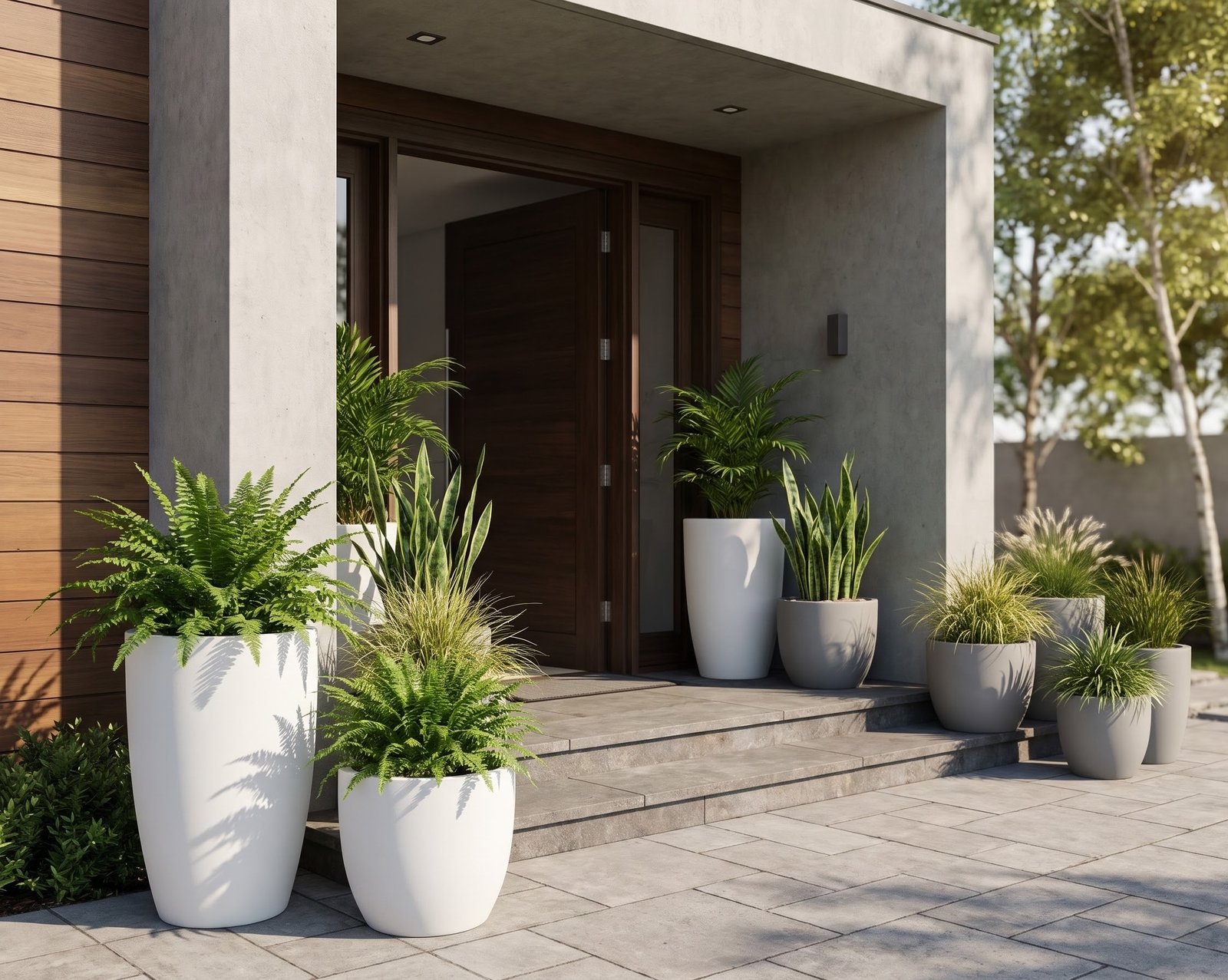Elegant wooden door framed by white home entrance planters