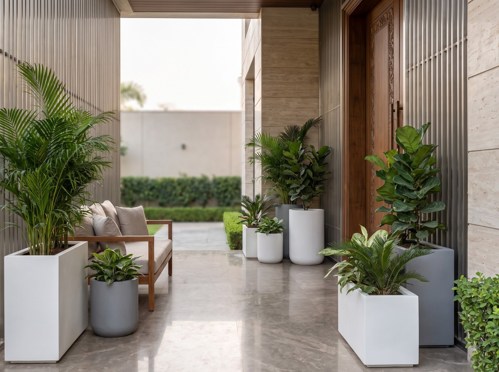Modern hallway with home entrance planters in cylinder shapes