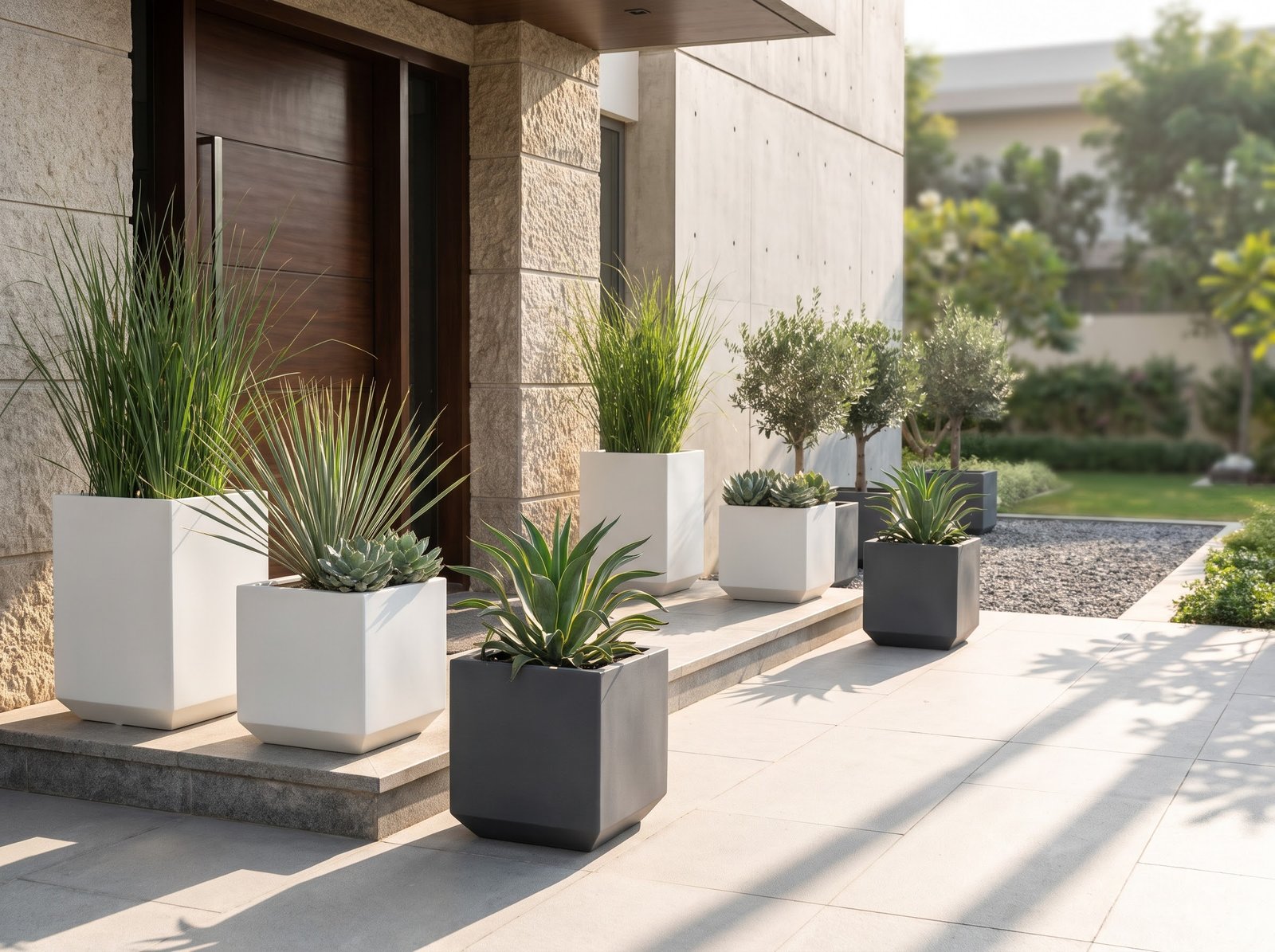 Modern home entrance featuring square FRP home entrance planters