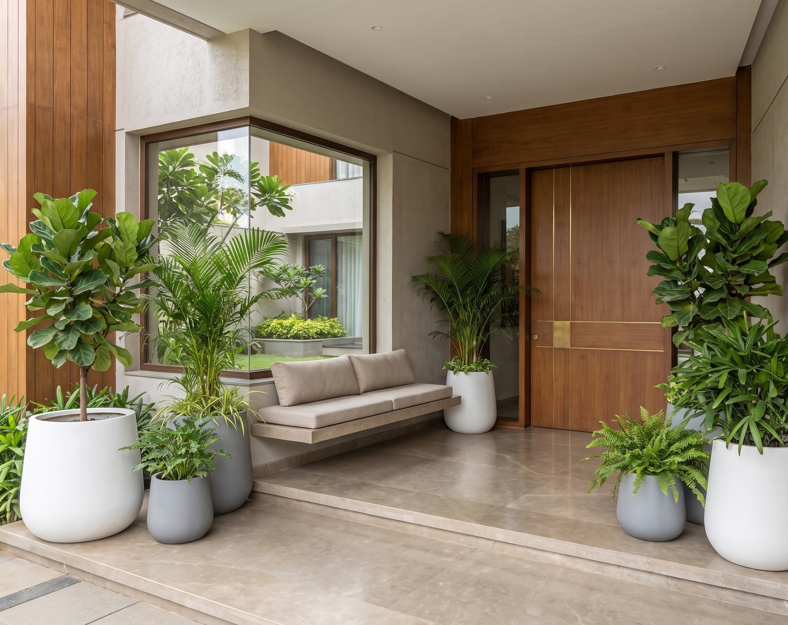 Luxury home entrance planters with large white round designs