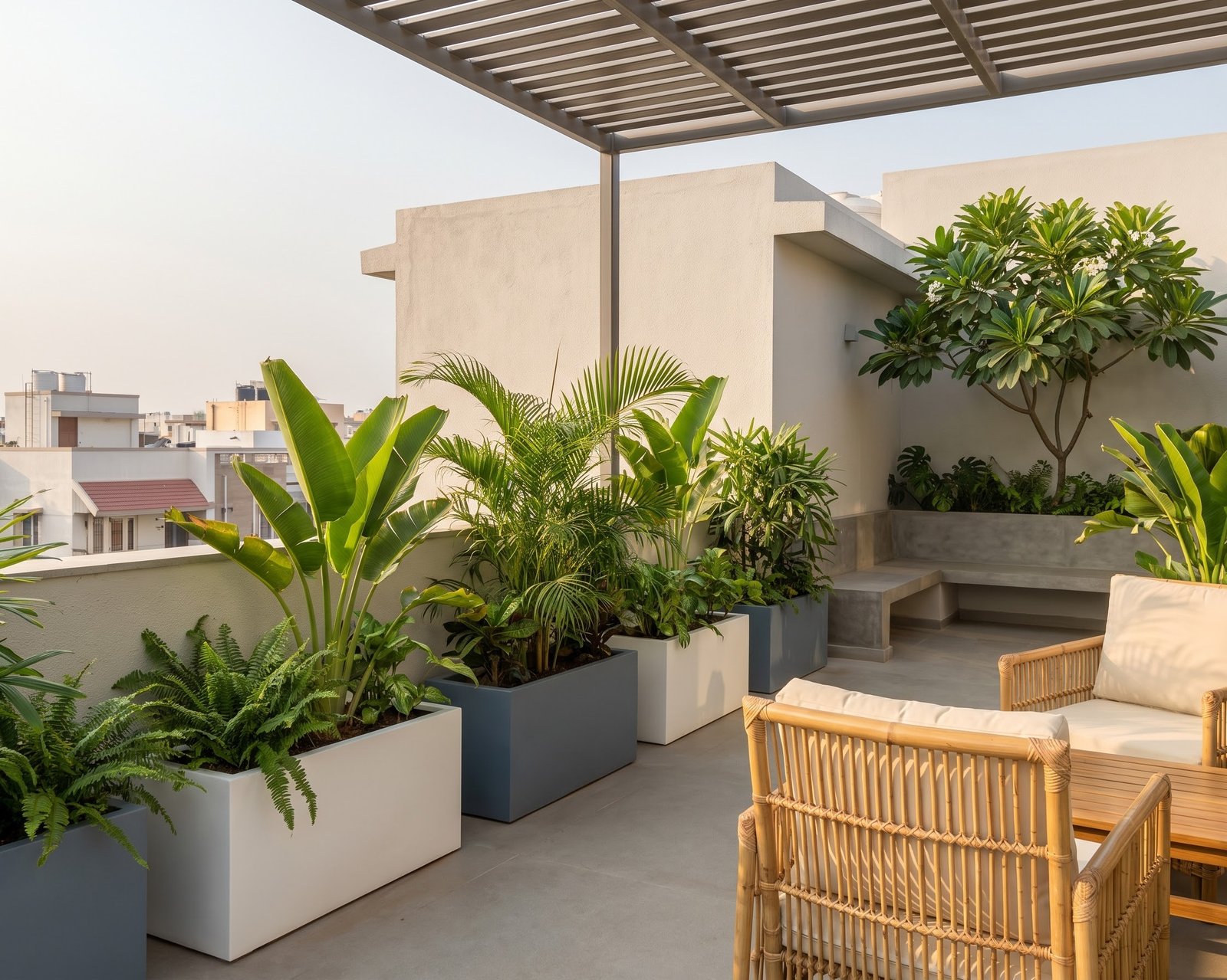 Modern 2K tropical rooftop layout with white rectangular fiberglass planters