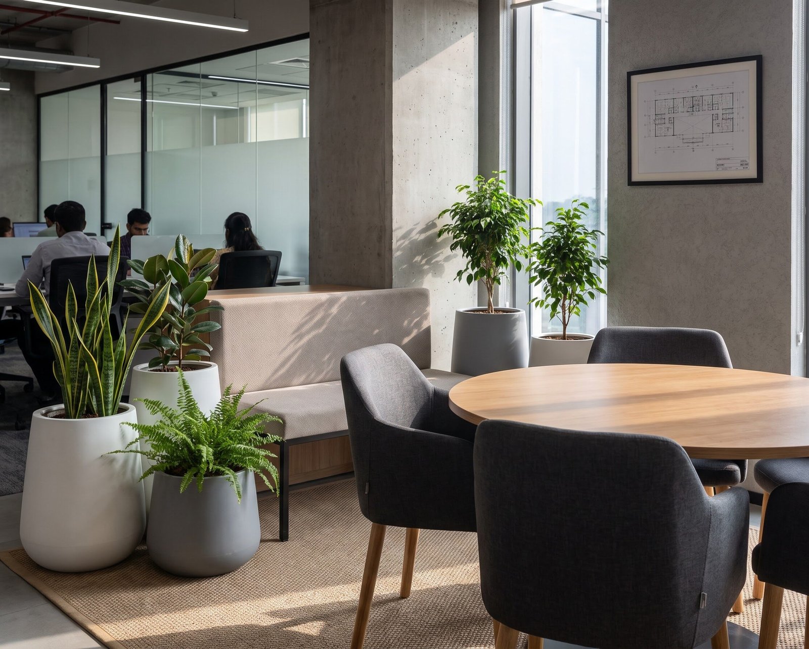 Office meeting area with planters