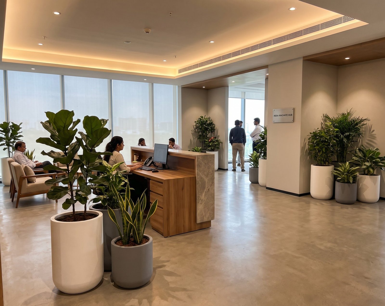 Office reception interior with planters