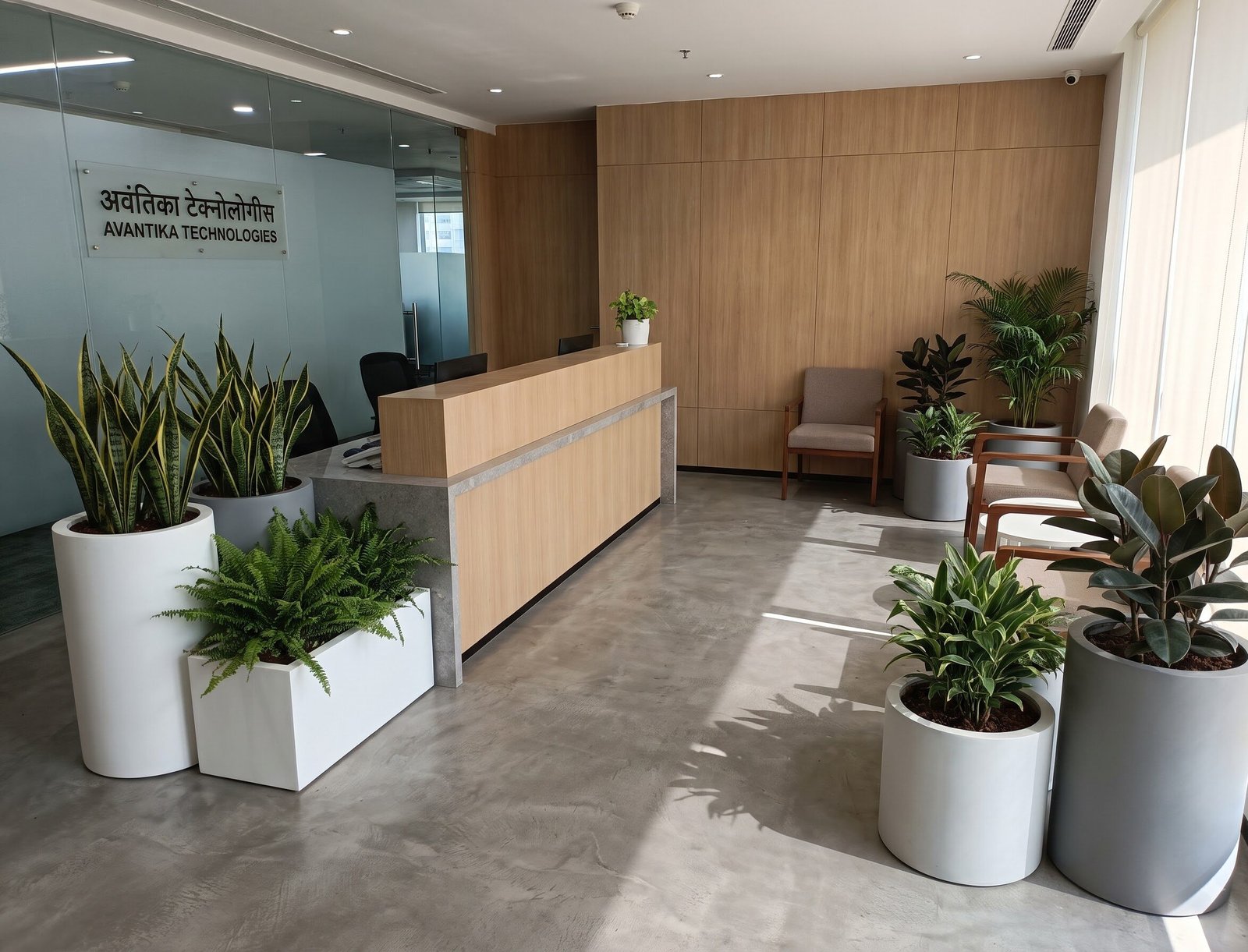 Modern office reception interior featuring architectural indoor FRP planters