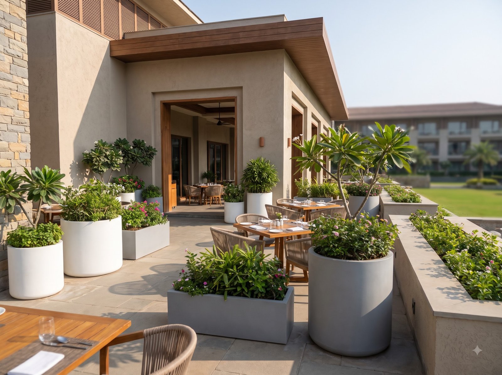 Outdoor restaurant with FRP planters