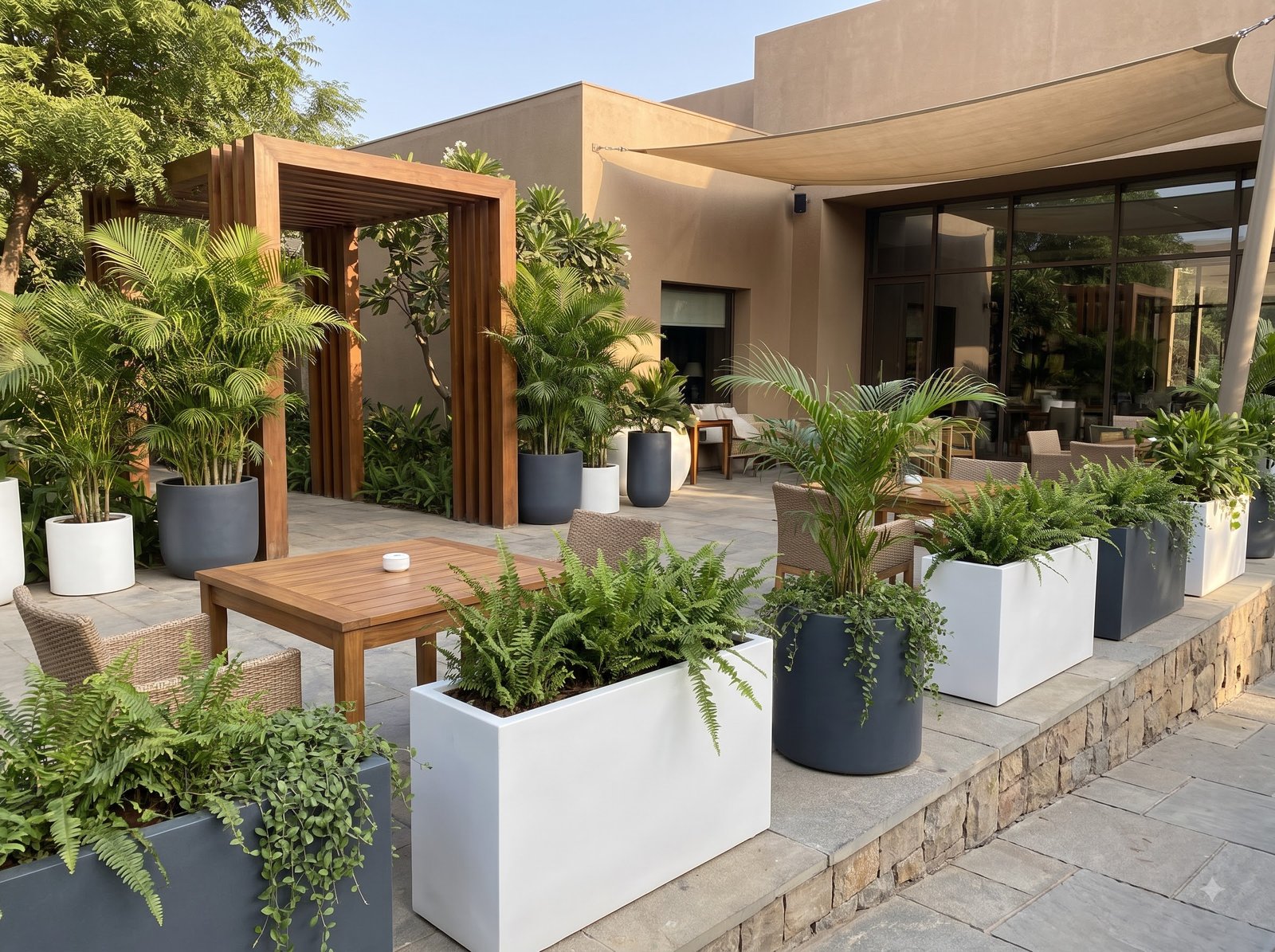 Outdoor restaurant with planters