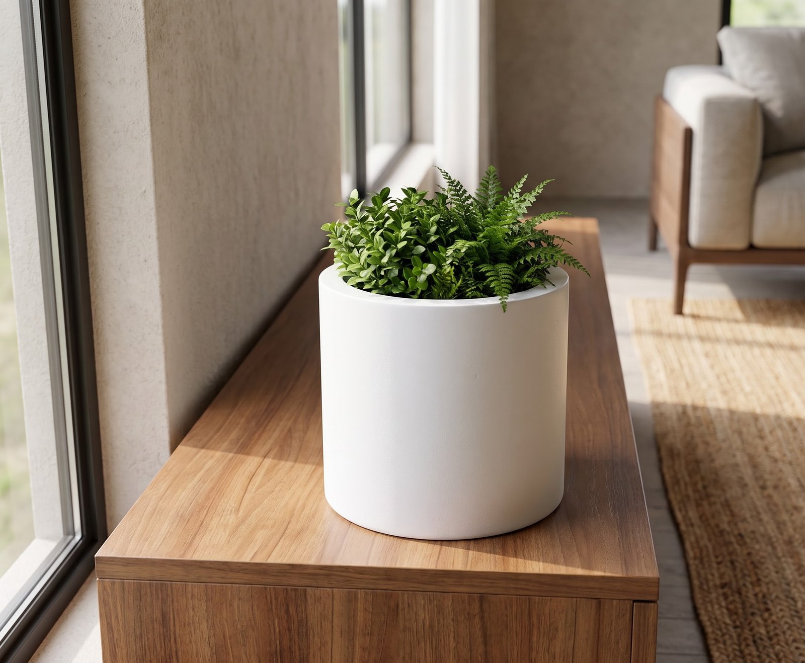 Dates Round Tabletop Planter on Living Room Console