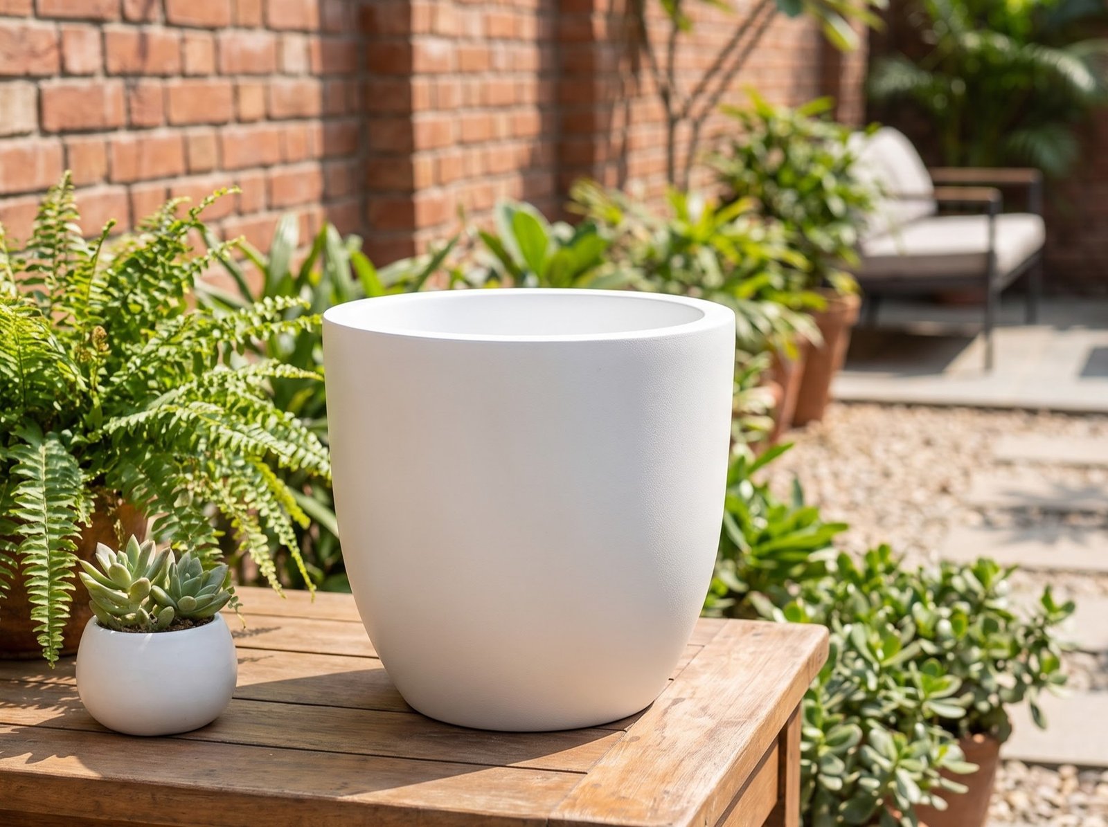 Durable FRP Kiwi Planter on Outdoor Side Table