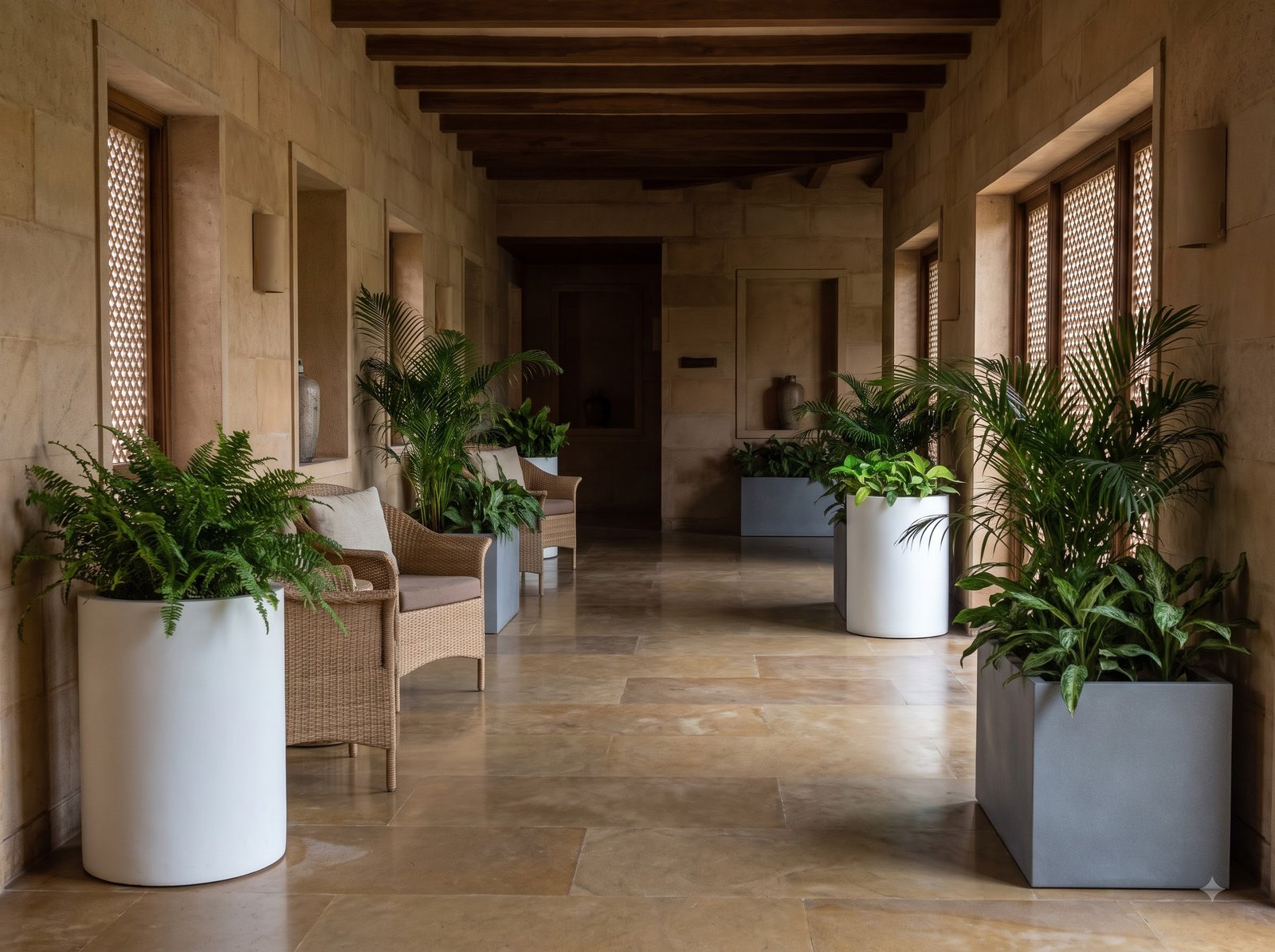 Resort corridor with planters
