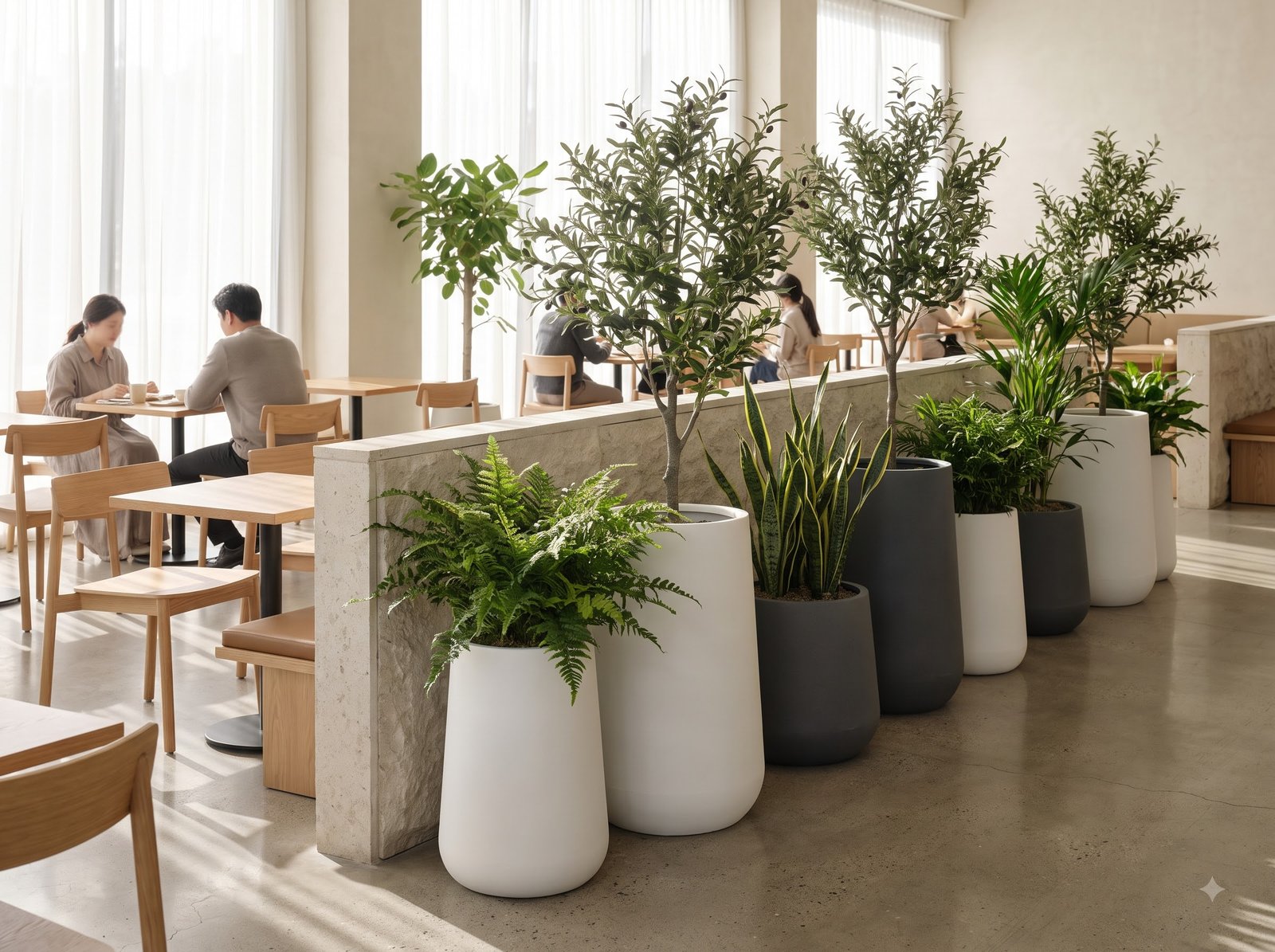 Restaurant interior with custom FRP planters