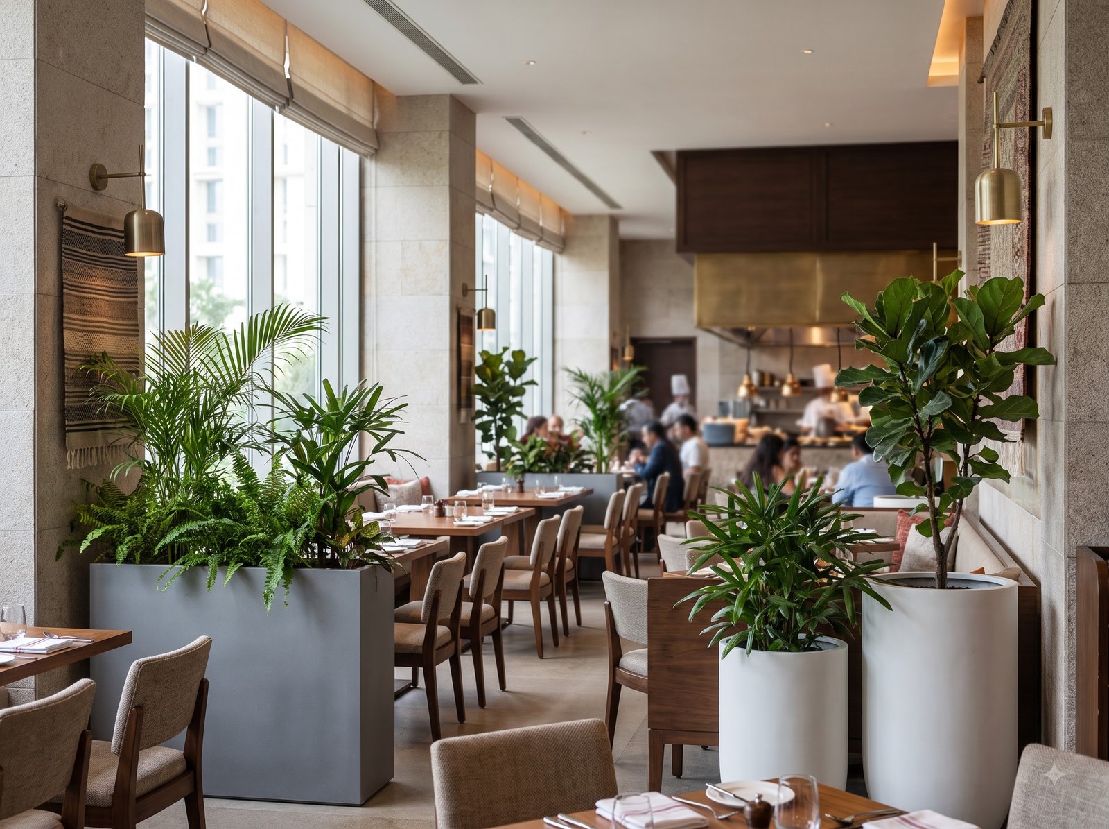 Restaurant interior with planters