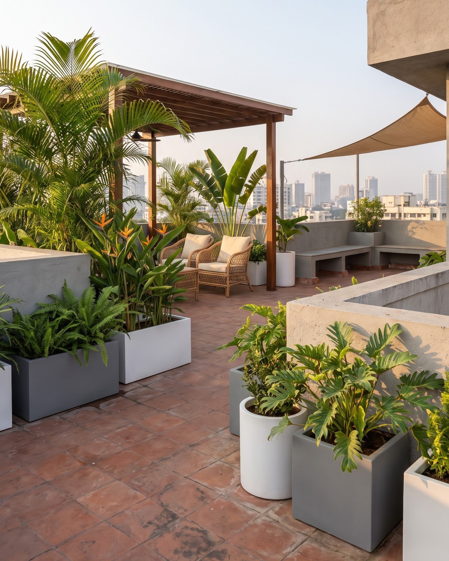 Terrace design showing plants in premium grey and white FRP pots