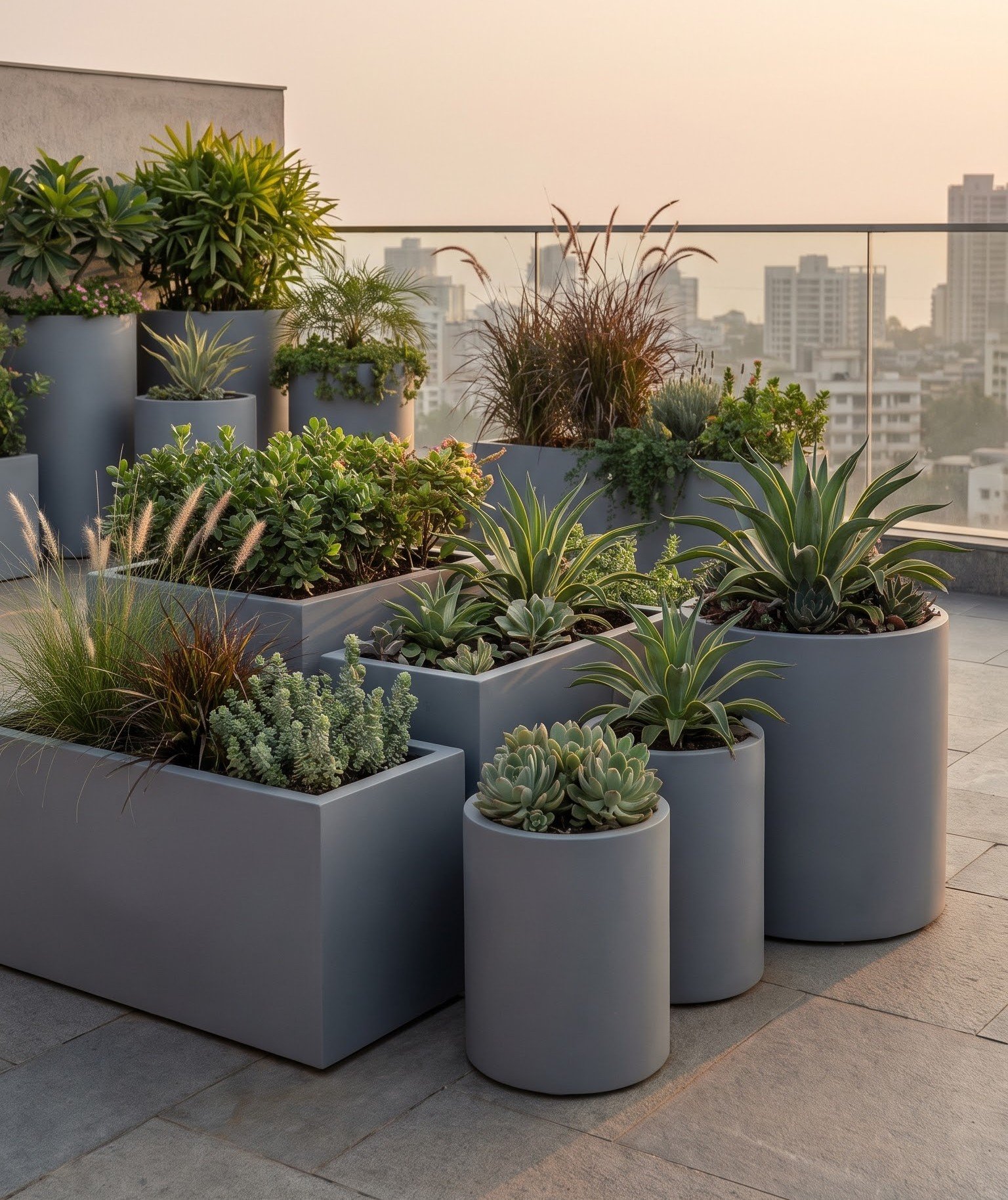 Mini rooftop garden showcasing a cluster of cylindrical and rectangular grey planters