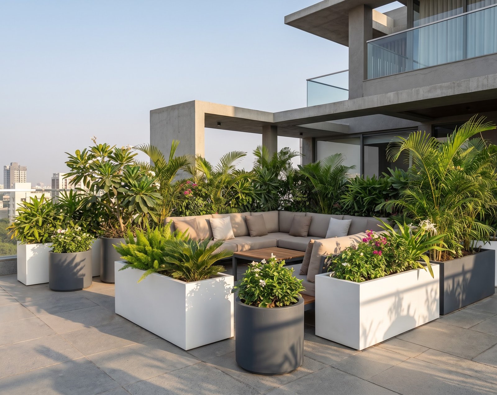 Rooftop lounging area surrounded by thick greenery in modern Zardens planters